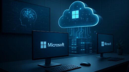 A futuristic office scene with Microsoft logos subtly integrated into sleek monitors and cloud infrastructure, representing digital infrastructure and AI dominance.