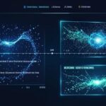 A futuristic quantum computing timeline showing April 2026 with multiple breakthrough events marked, digital holographic display with quantum particles visualization