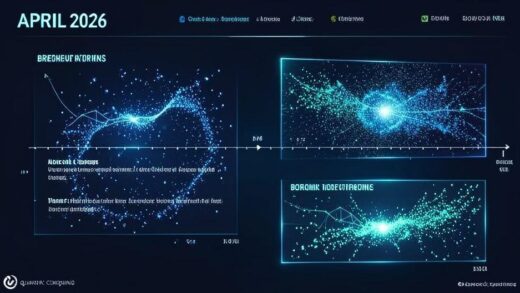 A futuristic quantum computing timeline showing April 2026 with multiple breakthrough events marked, digital holographic display with quantum particles visualization