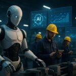 A futuristic robot working alongside human workers in a smart factory, with holographic data displays showing AI algorithms and economic growth charts in the background, cinematic lighting, photorealistic style