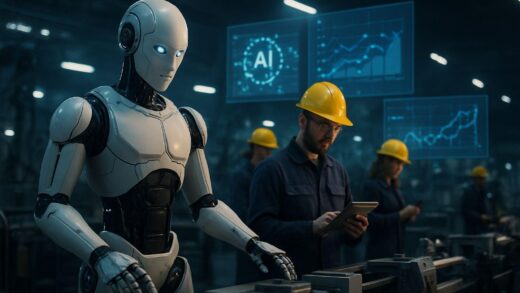 A futuristic robot working alongside human workers in a smart factory, with holographic data displays showing AI algorithms and economic growth charts in the background, cinematic lighting, photorealistic style