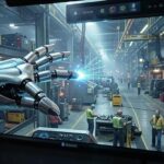 A futuristic, sleek robot hand reaching out from a screen towards a bustling factory floor with workers and machines, symbolizing AI transitioning into the physical world.