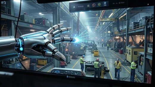 A futuristic, sleek robot hand reaching out from a screen towards a bustling factory floor with workers and machines, symbolizing AI transitioning into the physical world.