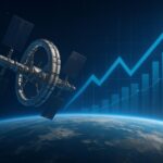 A futuristic space station orbiting Earth, with a subtle overlay of financial charts and growth arrows, symbolizing the trillion-dollar space industry outlook for 2040.