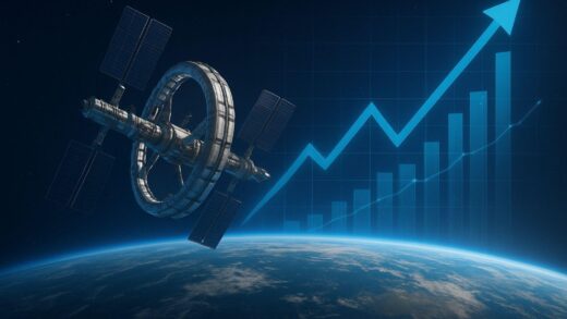 A futuristic space station orbiting Earth, with a subtle overlay of financial charts and growth arrows, symbolizing the trillion-dollar space industry outlook for 2040.