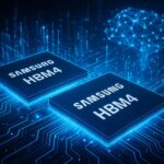 A futuristic technology visualization showing Samsung's HBM4 memory chips with glowing circuits, holographic data streams, and AI neural networks in the background, representing technological breakthrough and market leadership.