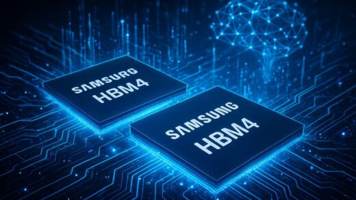 A futuristic technology visualization showing Samsung's HBM4 memory chips with glowing circuits, holographic data streams, and AI neural networks in the background, representing technological breakthrough and market leadership.