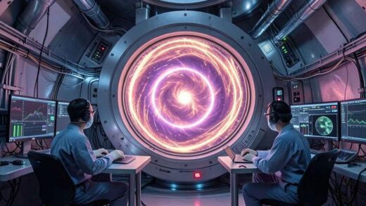 A futuristic tokamak fusion reactor in a Chinese laboratory, with glowing plasma inside a donut-shaped chamber, scientists monitoring data on screens, advanced technology atmosphere