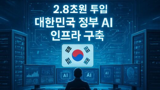 A futuristic visualization of South Korean government AI infrastructure project with GPU servers and data center graphics, showing 2.8 trillion won investment, digital interface with Korean flag elements, high-tech control room with AI models running on screens