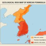 A geological risk map of the Korean Peninsula showing volcanic zones, tectonic boundaries, and seismic risk areas in contrasting colors, professional scientific visualization style