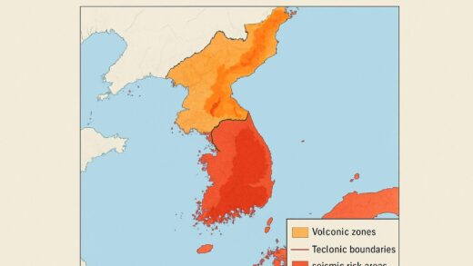 A geological risk map of the Korean Peninsula showing volcanic zones, tectonic boundaries, and seismic risk areas in contrasting colors, professional scientific visualization style
