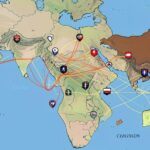 A geopolitical map showing Middle East and China connections, with oil pipelines and diplomatic icons overlayed, digital illustration style