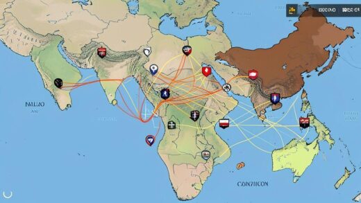 A geopolitical map showing Middle East and China connections, with oil pipelines and diplomatic icons overlayed, digital illustration style