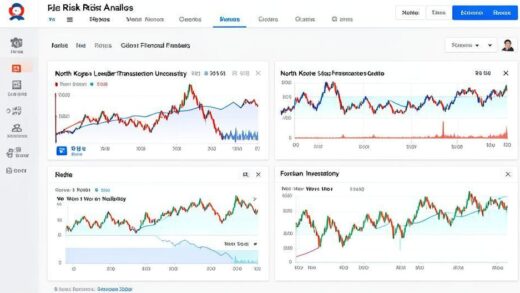 A geopolitical risk analysis dashboard showing North Korea's leadership transition uncertainty impacting global financial markets, with charts of Korean won volatility and foreign investment flows.
