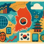 A global economic map showing digital transformation and geopolitical shifts, with South Korea highlighted in the center, surrounded by cultural symbols and economic indicators blending traditional and modern elements.