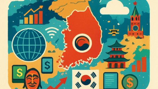 A global economic map showing digital transformation and geopolitical shifts, with South Korea highlighted in the center, surrounded by cultural symbols and economic indicators blending traditional and modern elements.