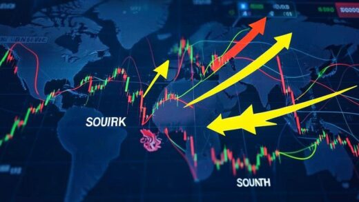 A global financial market scene with arrows pointing to South Korea, representing large capital inflows.
