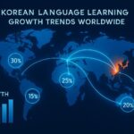 A global map showing Korean language learning growth trends worldwide with data visualization overlays, highlighting South Korea as an economic and cultural hub, modern infographic style with glowing connections between countries