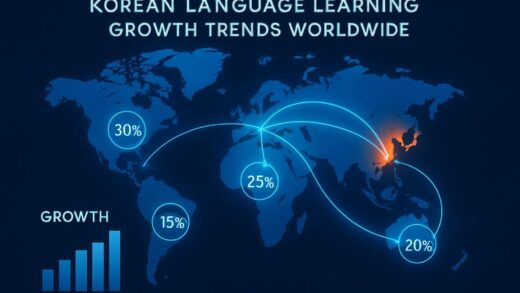 A global map showing Korean language learning growth trends worldwide with data visualization overlays, highlighting South Korea as an economic and cultural hub, modern infographic style with glowing connections between countries