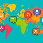 A global map showing Korean language learning hotspots around the world, with speech bubbles containing Hangeul characters emanating from major cities, stylized in bright colors, digital art style