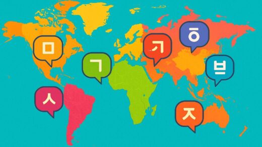 A global map showing Korean language learning hotspots around the world, with speech bubbles containing Hangeul characters emanating from major cities, stylized in bright colors, digital art style