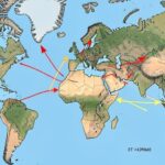 A global map with arrows indicating oil routes through the Strait of Hormuz, with US and China flags subtly positioned, representing geopolitical tension and energy conflict.
