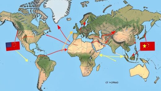 A global map with arrows indicating oil routes through the Strait of Hormuz, with US and China flags subtly positioned, representing geopolitical tension and energy conflict.
