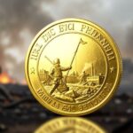 A golden coin with a war scene in the background, symbolizing the impact of geopolitical instability on gold prices. The coin should be prominent and gleaming, with subtle war imagery in the soft-focus background.