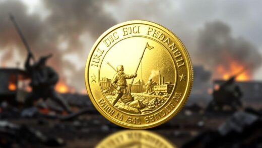 A golden coin with a war scene in the background, symbolizing the impact of geopolitical instability on gold prices. The coin should be prominent and gleaming, with subtle war imagery in the soft-focus background.