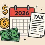 A graphic showing a calendar with 2026 highlighted, tax documents, and money symbols, representing the revised tax laws and financial planning for the year.
