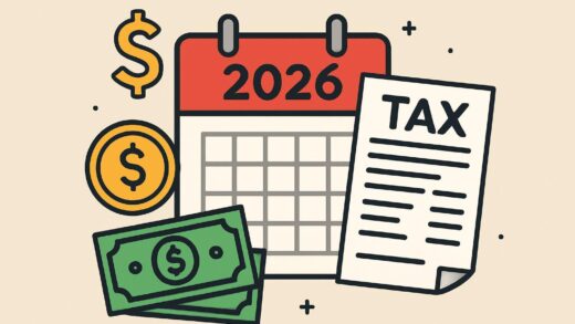 A graphic showing a calendar with 2026 highlighted, tax documents, and money symbols, representing the revised tax laws and financial planning for the year.