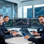 A group of wealthy investors analyzing stock market charts on multiple screens, focusing on semiconductor industry data, with AI and chip design visuals in the background, modern office setting