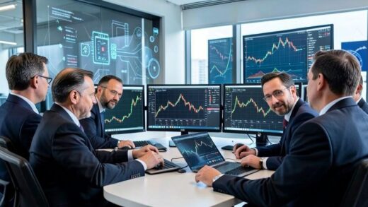 A group of wealthy investors analyzing stock market charts on multiple screens, focusing on semiconductor industry data, with AI and chip design visuals in the background, modern office setting