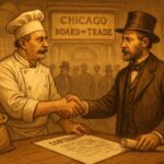 A historical illustration of a 19th century baker discussing wheat prices with a grain merchant at the Chicago Board of Trade, showing handshake agreement over a contract, warm nostalgic lighting.