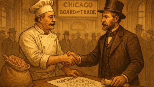 A historical illustration of a 19th century baker discussing wheat prices with a grain merchant at the Chicago Board of Trade, showing handshake agreement over a contract, warm nostalgic lighting.