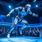 A humanoid robot named 'Atlas' developed by Hyundai Motors demonstrating advanced movements like running and jumping on a CES exhibition stage, with futuristic blue lighting and an excited audience in the background, hyper-realistic digital art style