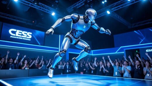 A humanoid robot named 'Atlas' developed by Hyundai Motors demonstrating advanced movements like running and jumping on a CES exhibition stage, with futuristic blue lighting and an excited audience in the background, hyper-realistic digital art style