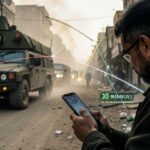 A hyper-realistic depiction of a person in Tehran using a smartphone to secretly record a military convoy on a dusty street, with a digital overlay showing a countdown timer at 30 minutes and missile trajectory lines converging on the target. Cinematic lighting, tense atmosphere.