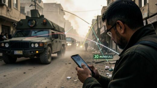 A hyper-realistic depiction of a person in Tehran using a smartphone to secretly record a military convoy on a dusty street, with a digital overlay showing a countdown timer at 30 minutes and missile trajectory lines converging on the target. Cinematic lighting, tense atmosphere.
