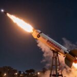 A hyper-realistic depiction of Cheongung II (Korean Sky Dragon) missile launching at night against a backdrop of a Middle Eastern city, with fiery exhaust trail and advanced targeting systems visible, digital art style with dramatic lighting.