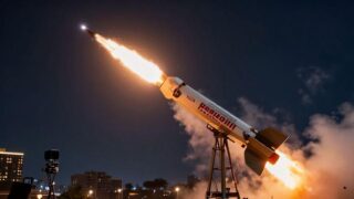 A hyper-realistic depiction of Cheongung II (Korean Sky Dragon) missile launching at night against a backdrop of a Middle Eastern city, with fiery exhaust trail and advanced targeting systems visible, digital art style with dramatic lighting.
