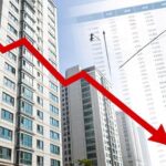 A Korean apartment building with a downward trending graph overlay, showing declining property prices and tax documents with rising numbers, modern urban background.