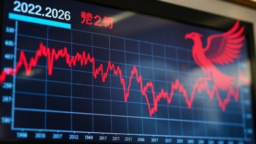 A Korean stock market chart on a digital screen showing a sharp decline and recovery patterns, with anxiety and opportunity symbols like falling arrows and rising phoenix in the background, representing market volatility in 2026.