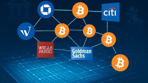 A large digital ledger with a blockchain network, showing various corporate logos interacting with Bitcoin symbols, reflecting institutional and corporate investment. In the background, shadow banking symbols are receding.