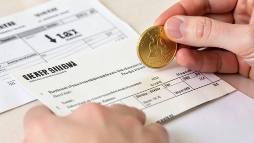 A large dividend check with a gold coin falling into a hand, and tax forms in the background showing a downward arrow for tax.