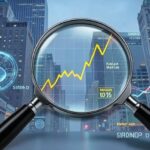 A magnifying glass over a stylized chart showing gold prices and stablecoin market cap rising. Wall Street buildings in the background. Digital and physical assets blended.