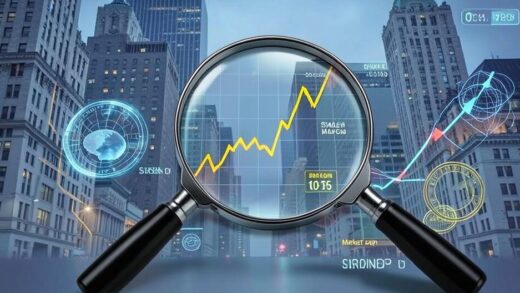 A magnifying glass over a stylized chart showing gold prices and stablecoin market cap rising. Wall Street buildings in the background. Digital and physical assets blended.