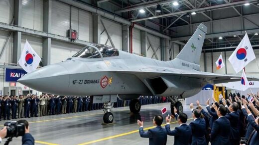 A majestic KF-21 Boramae fighter jet during its rollout ceremony at KAI factory in 2026, with Korean flags and officials celebrating, highlighting its sleek stealth design and national pride.