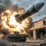 A massive GBU-72 bunker buster bomb falling from the sky towards an underground military facility, explosion with shockwaves, hyper-realistic military photography, detailed concrete destruction, dust and debris flying