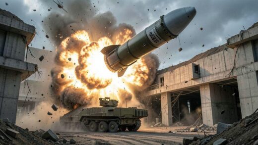 A massive GBU-72 bunker buster bomb falling from the sky towards an underground military facility, explosion with shockwaves, hyper-realistic military photography, detailed concrete destruction, dust and debris flying